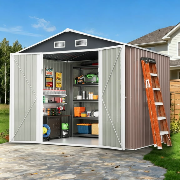 DISHUP Outdoor Storage Shed, 8x6 ft Metal Shed with Window&Lockable Doors, Ideal for Backyard, Garden and Patio