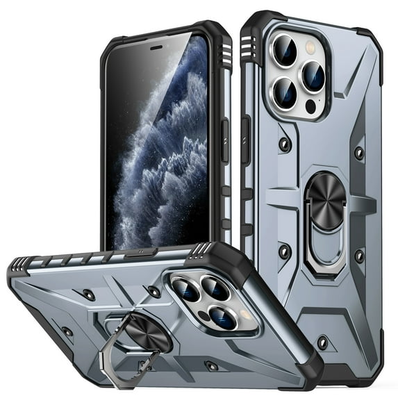 ELEHOLD for iPhone 13 Pro Armor Case, Military Grade Hard PC Magnetic Built-in Car Mount 360° Rotatable Metal Ring Holder Kickstand Shockproof Multi-Functional Rugged Case, Gray