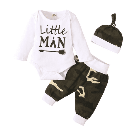 

NZRVAWS Baby Boys Outfits 3 Months Baby Boys Letter Print 6 Months Baby Boys Romper Top Camouflage Print Pants Hat 3Pcs Winter Clothes Set White