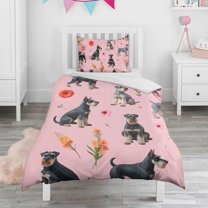 Schnauzer Dogs and Flowers Duvet Cover and Pillowcase Set for Single Bedding, Bedroom Accessories for Kids Teens