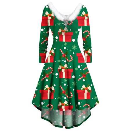 

Honeeladyy Women Long Sleeve Christmas Printed Furry V-Neck Draw Back Swing Party Dress Discount