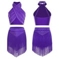 thumbnail image 2 of Aislor Women's 2 Piece Salsa Samba Ballroom Latin Dance Outfits Shiny Crop Top with Fringe Skirt Purple L, 2 of 7