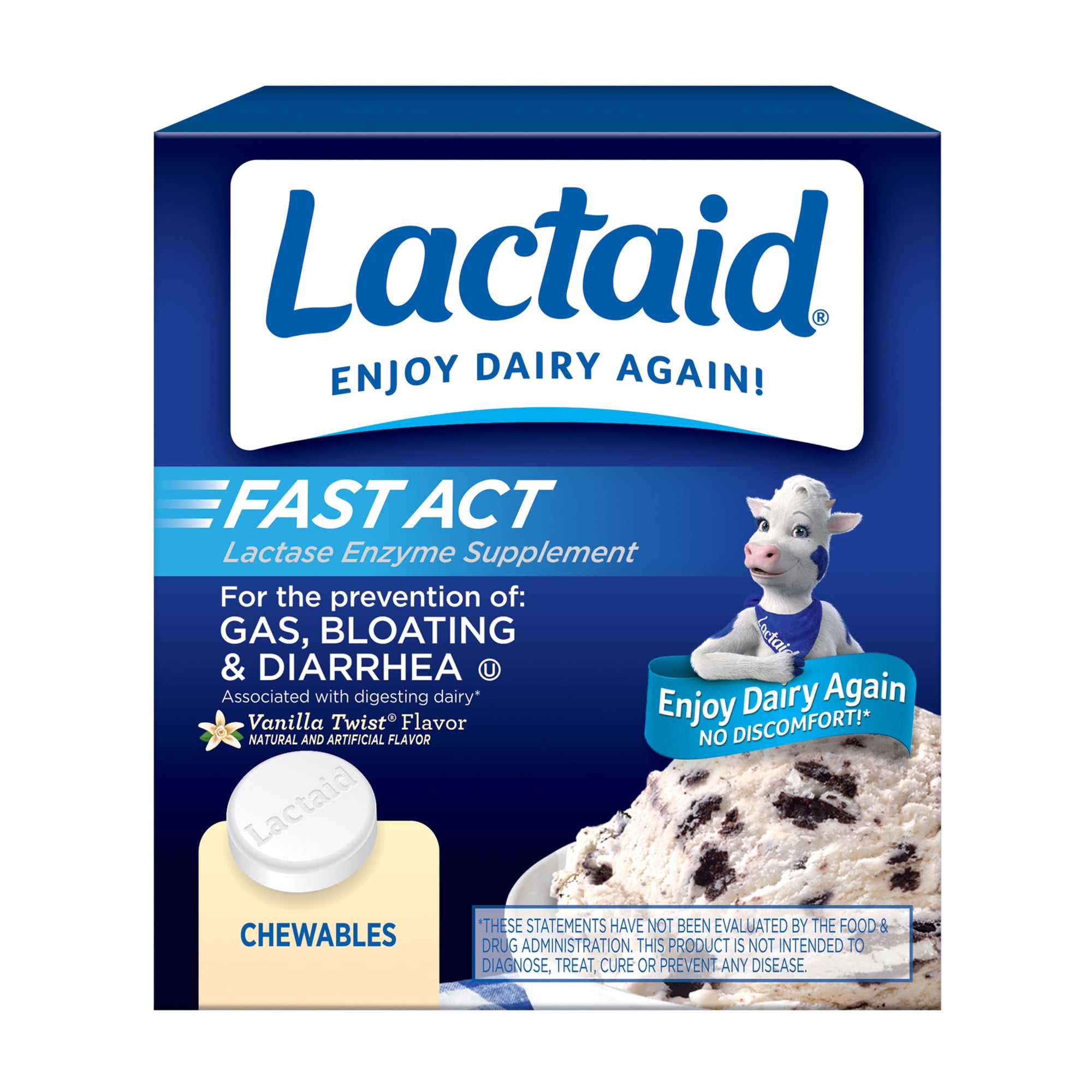 Lactaid Fast Act Chewables, Pills for Lactose Intolerance, Vanilla Twist Flavor, 60 Count