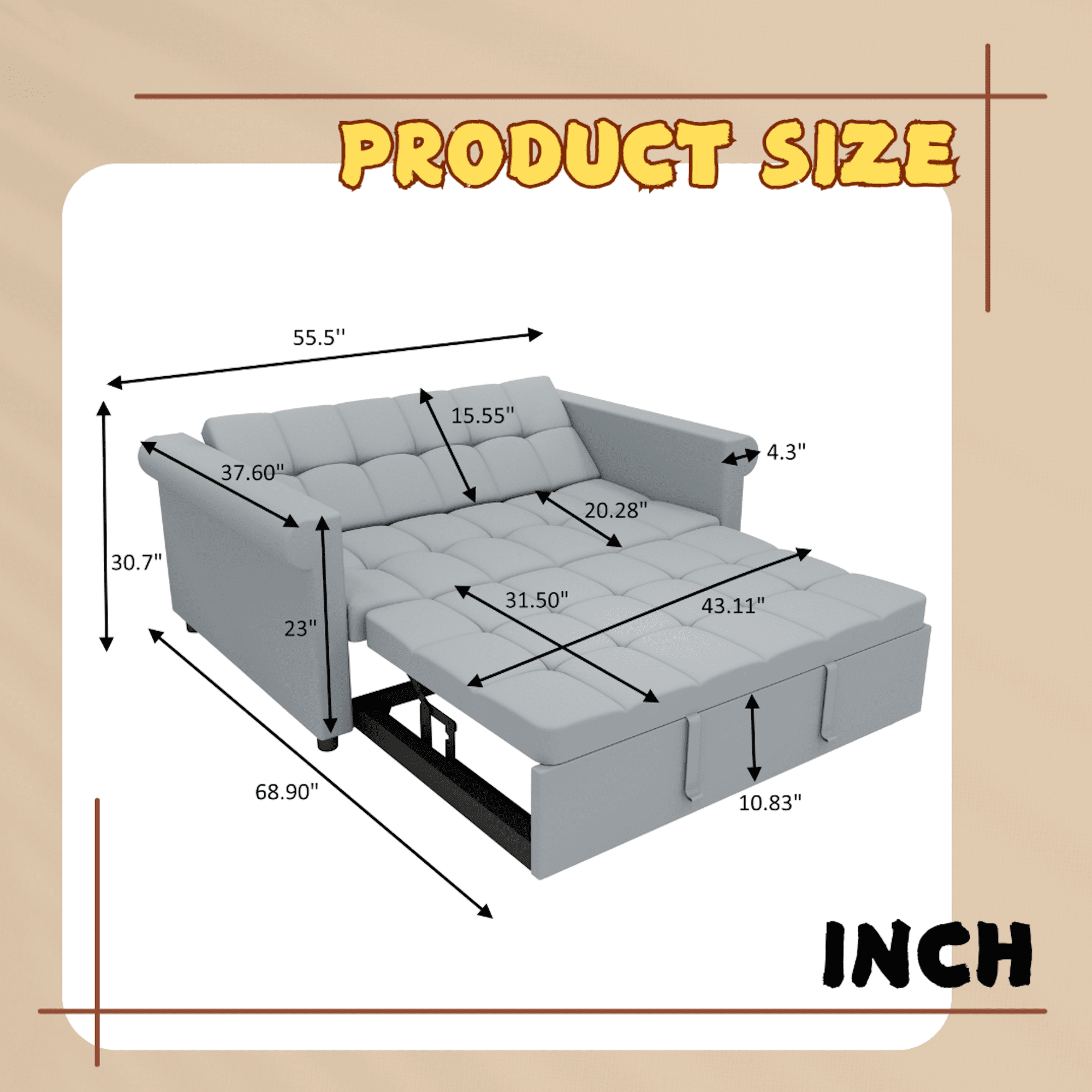 2-Seater Convertible Velvet Loveseat Sofa Bed Pull-out Sleeper Couch with Side Pocked,Adjustable Backrest Couch