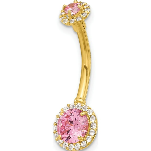 14K Yellow Gold 14 Gauge Polished Pink And White Cz Navel/Belly Ring(Length 25.4) - Jbsp