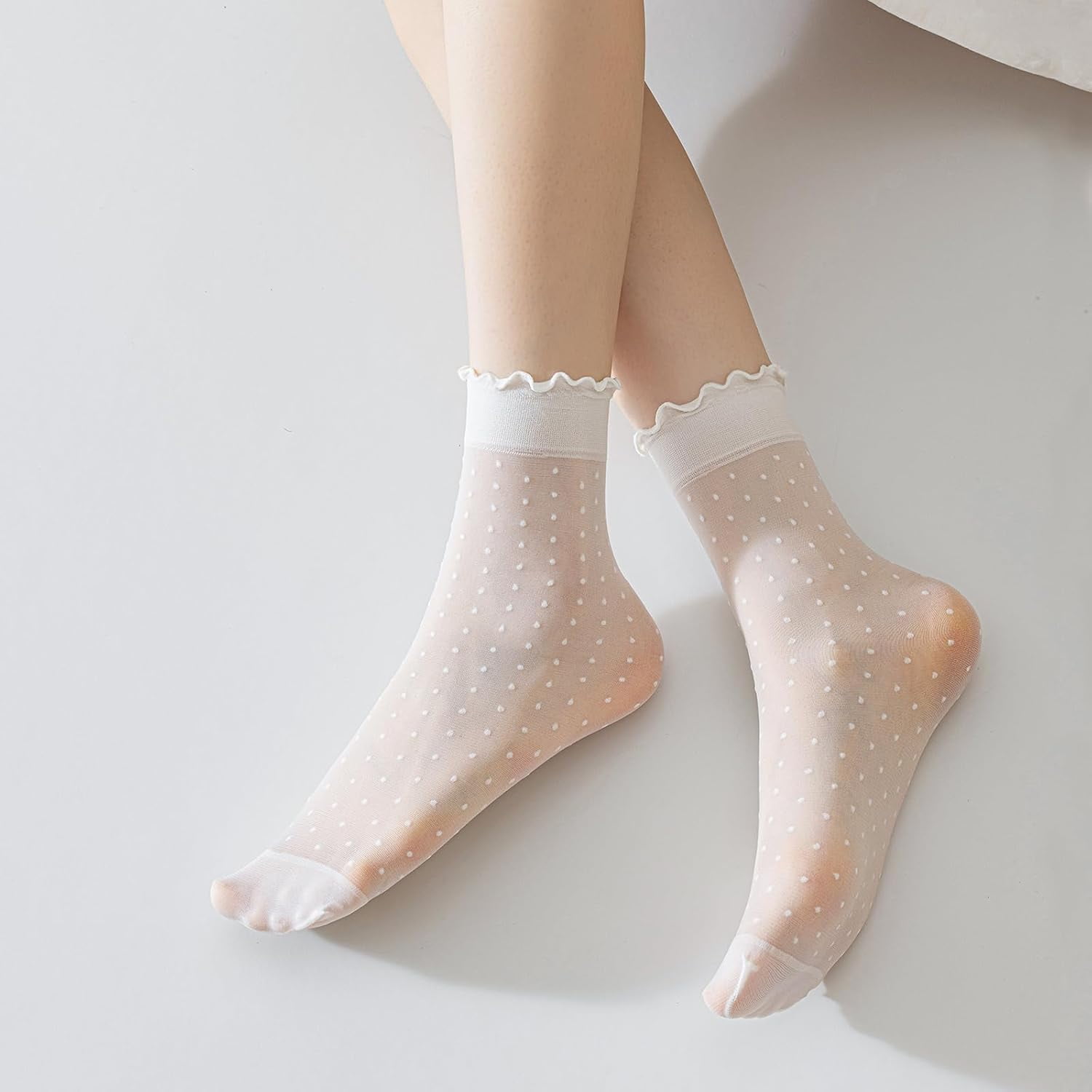 Zhengup 12 Pairs Women's Sheer Ruffle Socks Nude Stocking Summer Ultra Thin Cool See Through Silk Ankle Socks for Women
