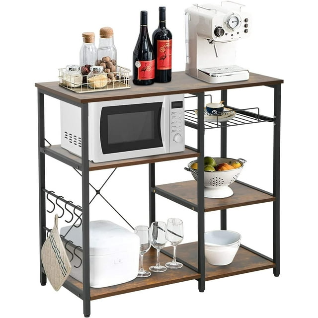 FDW Kitchen Bakers Rack, Storage Shelf Microwave Stand Coffee Bar Table Metal Frames, 8 S-Shaped Hooks and Wire Basket, Vintage