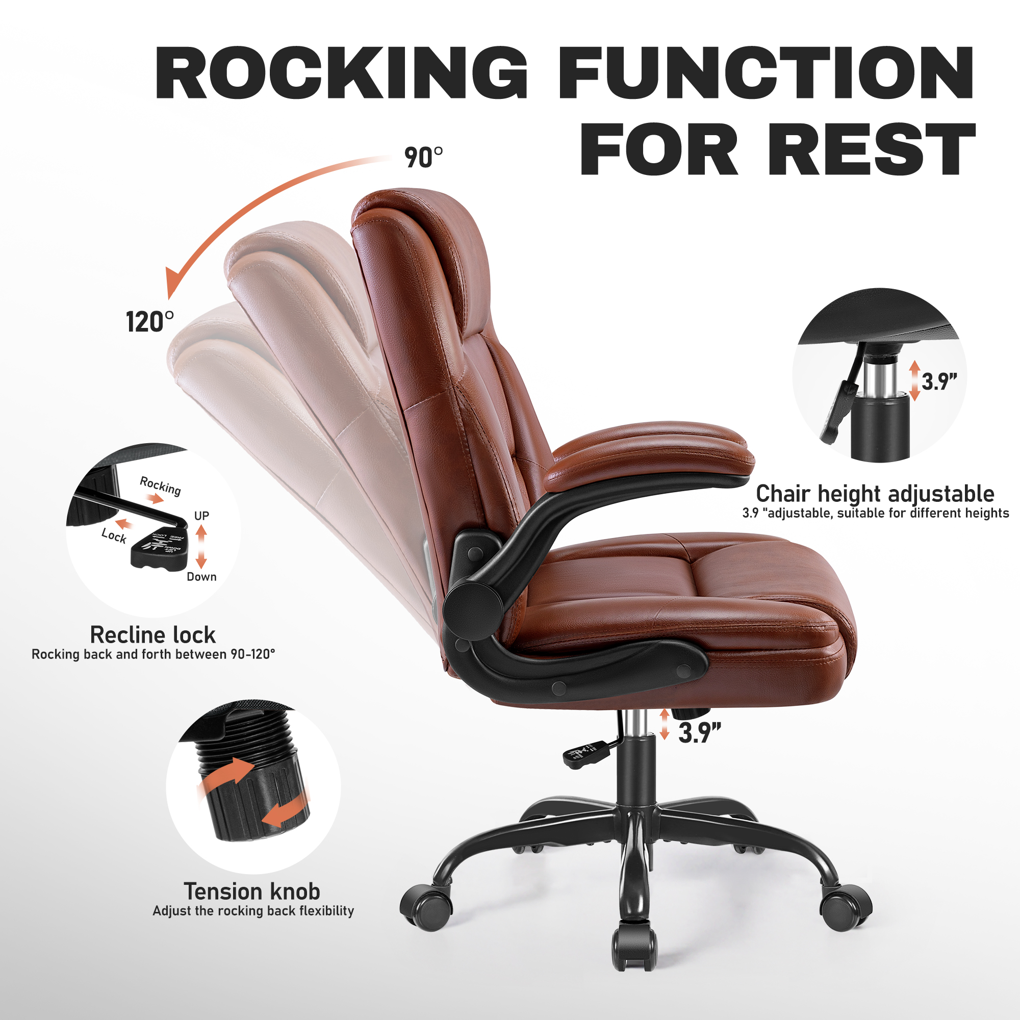ALLGOD Leather Office Chair 400lbs, Ergonomic Desk Chairs with Back Support, Computer Chair with Wheels and Adjustable Armrest for Home Office, 360°Swivel Free, Dark Brown