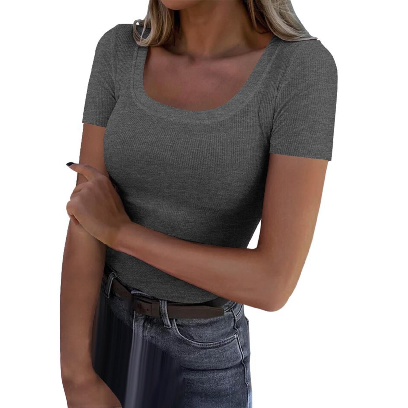 トップス kiss the club lady slim shirt tops gray Gray Women's Short Sleeve T-shirt, Women'S Short Sleeve Scoop Neck