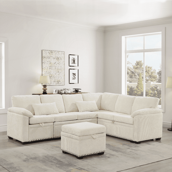 97 Inch L-Shaped Chenille Fabric Corner Sectional Sofa with Storage Ottoman & 7 Seats for Living Room, Beige
