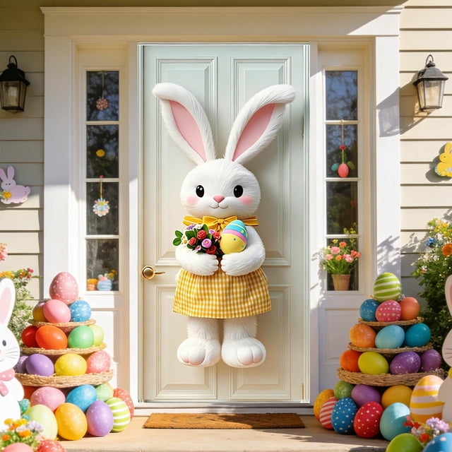 Sokhug Rideau de Porte de Pâques 35,43x70,87 Pouces Imprimé Lapin Œuf Décor pour Porte d'Entrée Mur Multicolore