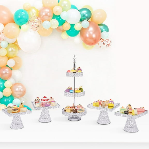Dwellnix Cake Stands Set, 5-Piece, Silver Plating & Crystal Inlay, Luxurious Wedding Dessert Display, 3-Tier & Square Stands, Durable & Stylish