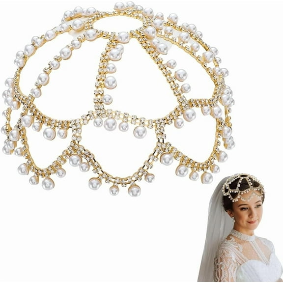 1920s Pearl Headpiece Flapper Cap Rhinestone Head Chain Gold Alloy Sparkle Flapper Mesh Headband Boho Hair Jewelry for Wedding Ceremony Prom Party Bride Bridesmaid Women Accessory