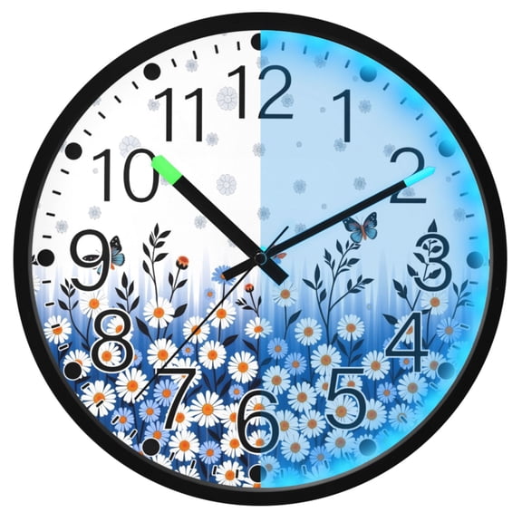 Ryvnso Daisy Floral Butterfly 12 Inch Night Light Wall Clock Silent Battery Operated Luminous Clocks