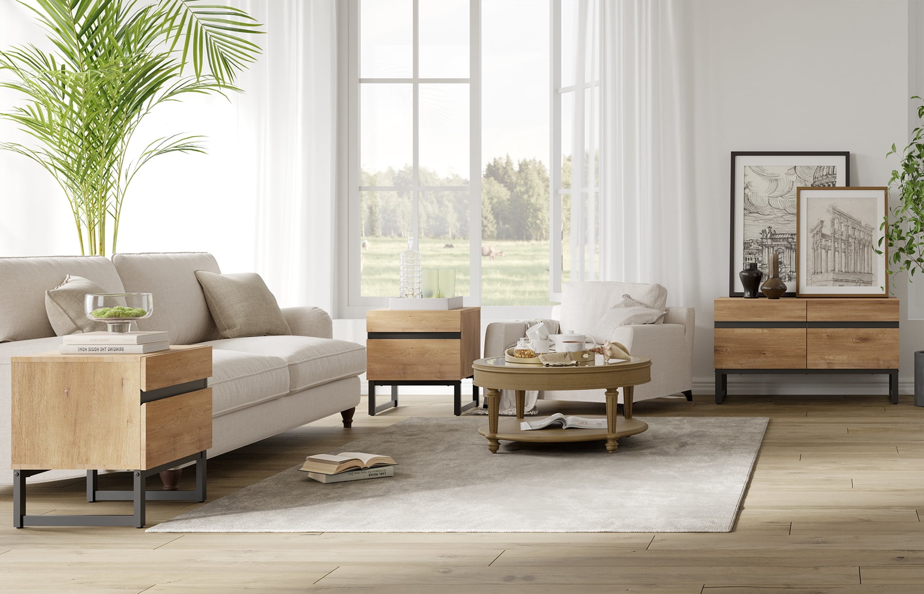 Modern 3-Piece Living Room Set, 35 Inch TV Stand And 2 End Table Sets With 2 Drawers, Media Console with Storage Shelves, Sturdy Wood Frame & Metal Legs, Contemporary Furniture for Living Room,Oak
