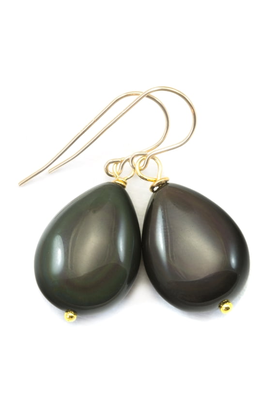 Black Rainbow Obsidian Earrings Smooth Large Teardrop Drops 14k Yellow Gold Filled Spyglass Designs