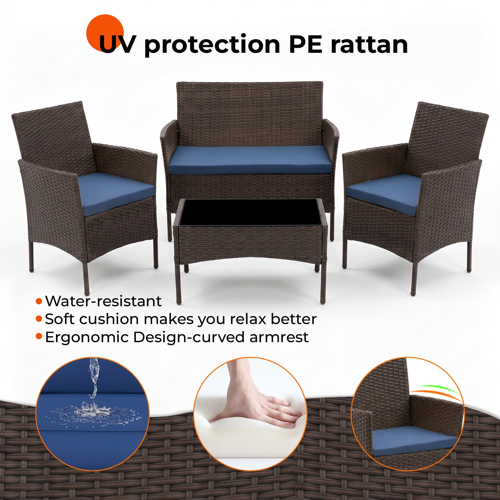 Gasee 4-Piece Patio Furniture Set Outdoor Conversation Rattan Chairs with Cushion and Loveseat Glass Table for Garden Backyard Porch, Brown/Navy