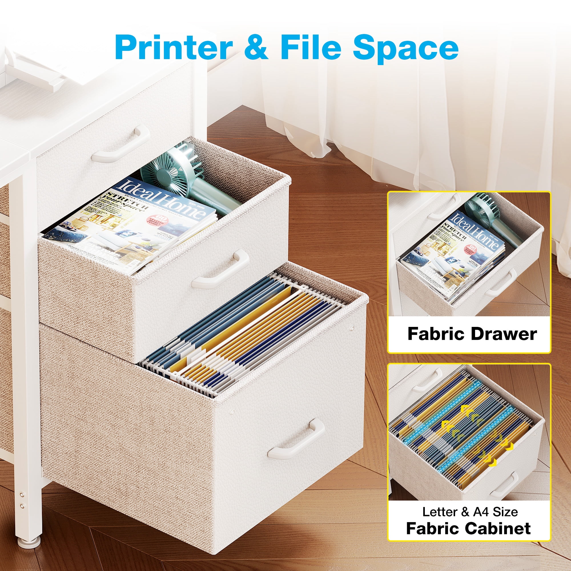 Casacomoda 48 Inch Computer Desk with Fabric Drawers & File Cabinet, Home Office Desk for small space, Vanity Desk for Bedroom, White