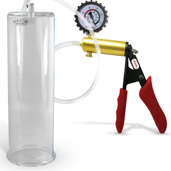LeLuv Ultima Penis Pump, Brass w/ Red Handle, Silicone Grip, Clear Hose Protected Gauge | 9" x 3.70" Cylinder