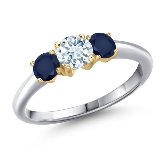 Gem Stone King 925 Silver and 10K Yellow Gold Sky Blue Aquamarine and Blue Sapphire Engagement Ring for Women | 1.20 Cttw | Round 5MM | Gemstone March Birthstone | Size 6