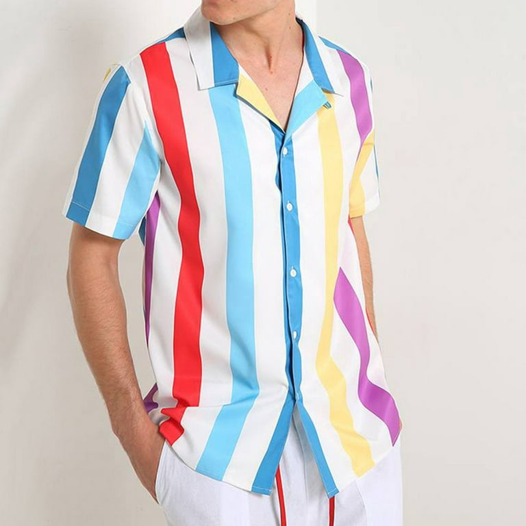 YOTAMI Tops for Men 2022 Short Sleeve Men Short Sleeve Striped Button-down  Shirt Men Blouse Comfort Summer Tops Blue