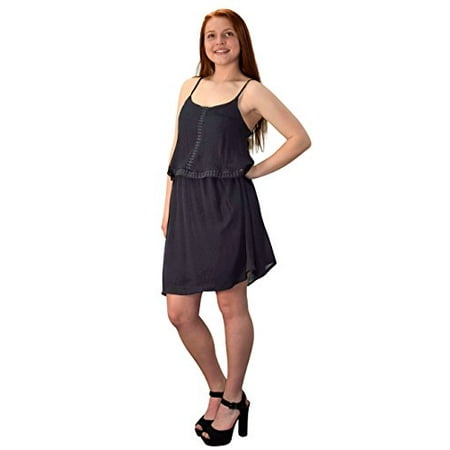Length Cut Out - Peach Couture Cut Out Back Knee Length Thin Strap Crochet Lining Crepe Dress (Medium, Black)