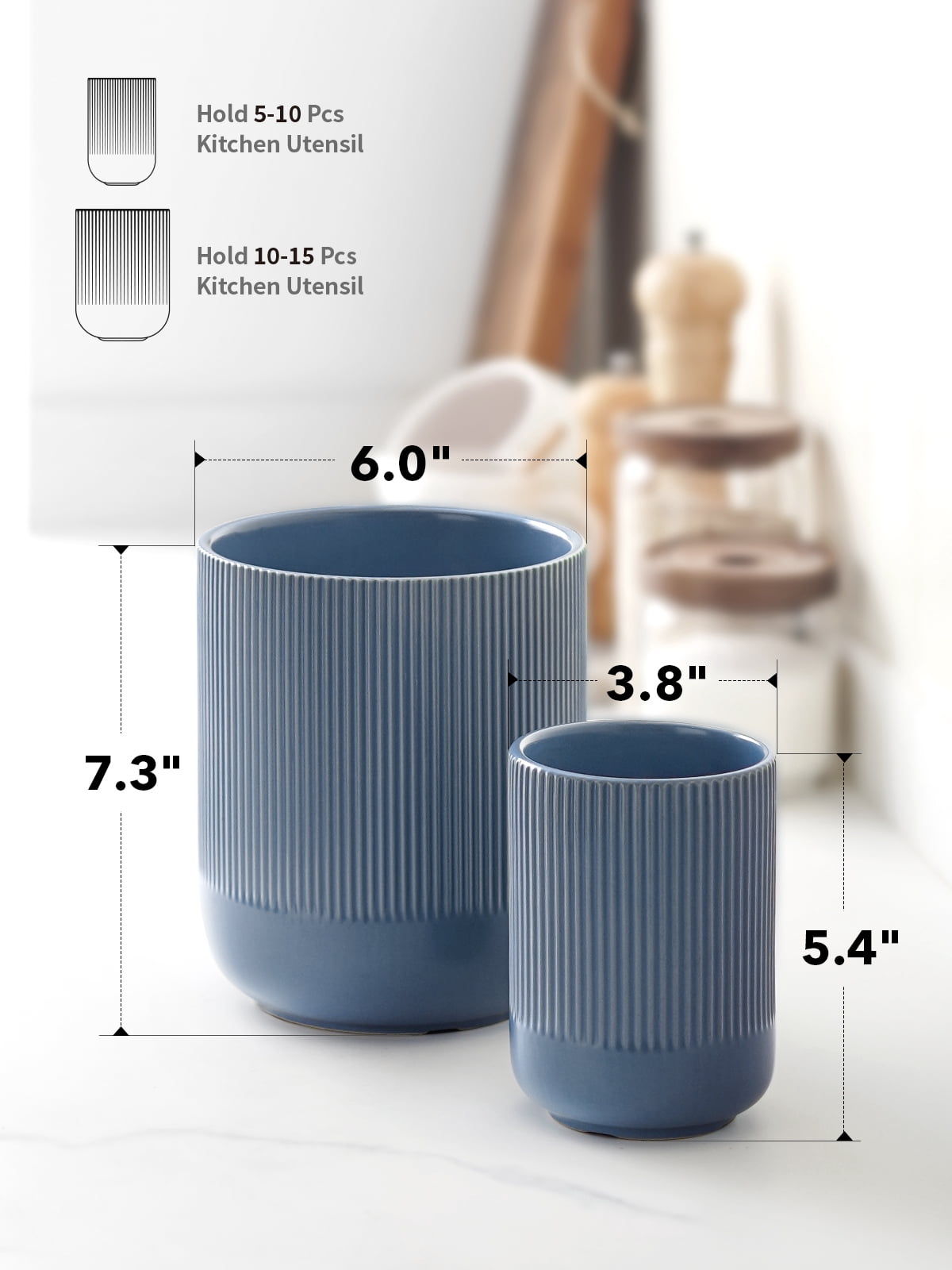 LE TAUCI 2-Pack Utensil Holders, 7.3"+5.4" Ceramic Crocks for Kitchen Storage, Dusty Blue Kitchen Utensil Holders