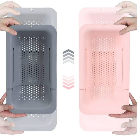

Over the Sink Hanging Colander - For Washing Vegetables and Fruit Draining Cooked Pasta and Dry Dishes - Expandable - New Home Kitchen Essentials - pink+gray