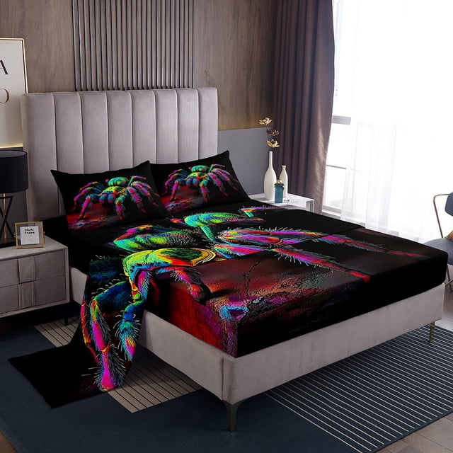 Erosebridal Gradient Wolf Spider Bed Sheets Set Queen Size, Insect Animal Bedding Queen Size, 4pcs (Top Sheet, Fitted Sheet, Pillowcase)