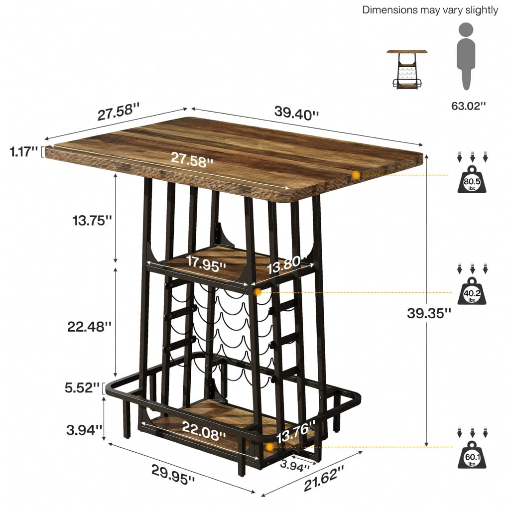 Hommoo 39.4 Inch Industrial Bar Table with 3-Tier Storage, Wine Rack, Glass Holder, Built-in Footrest, Counter Height Pub Table for Home Bar, Coffee Station or Standing Desk, Rustic Brown