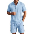thumbnail image 2 of Short Sets for Men Summer Cotton Linen Relaxed Fit Short Sleeve Stand Collar T Shirt and Shorts 2 Piece Matching Set, 2 of 5