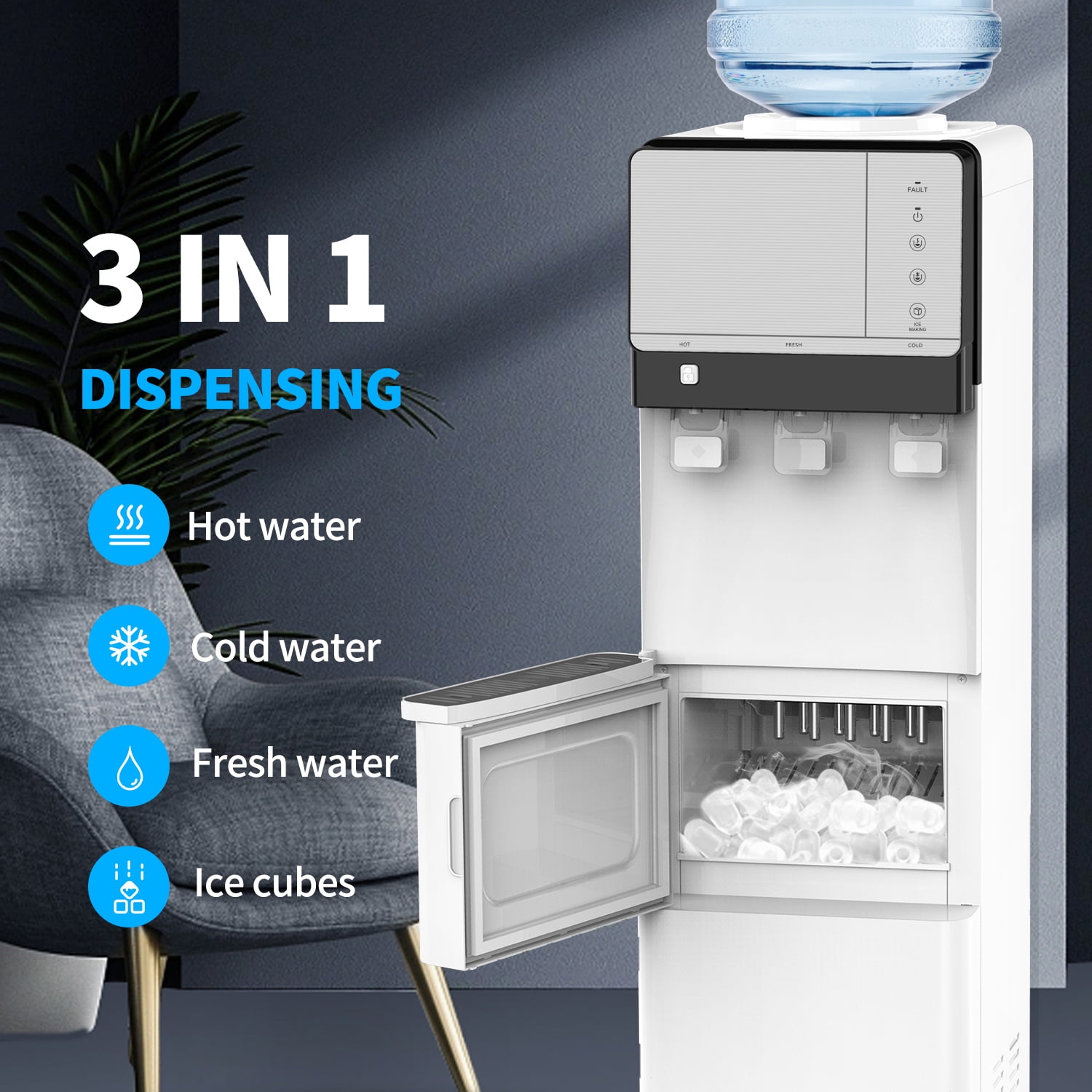 SOOPYK Hot and Cold Water Cooler Dispenser with Ice Maker for 5 Gallon Bottle  27 lbs in 24 hrs Perfect for Home Office white