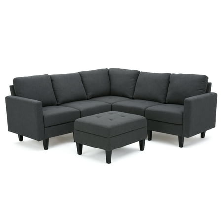 - Bridger Fabric Sectional Couch with Ottoman, Dark Grey
