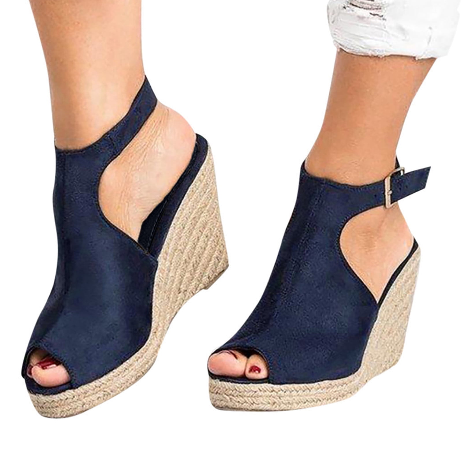 Women's Wedge Platform Heels Sandals Faxu Fur Slip On Casual Peep Toe Flip Flops 