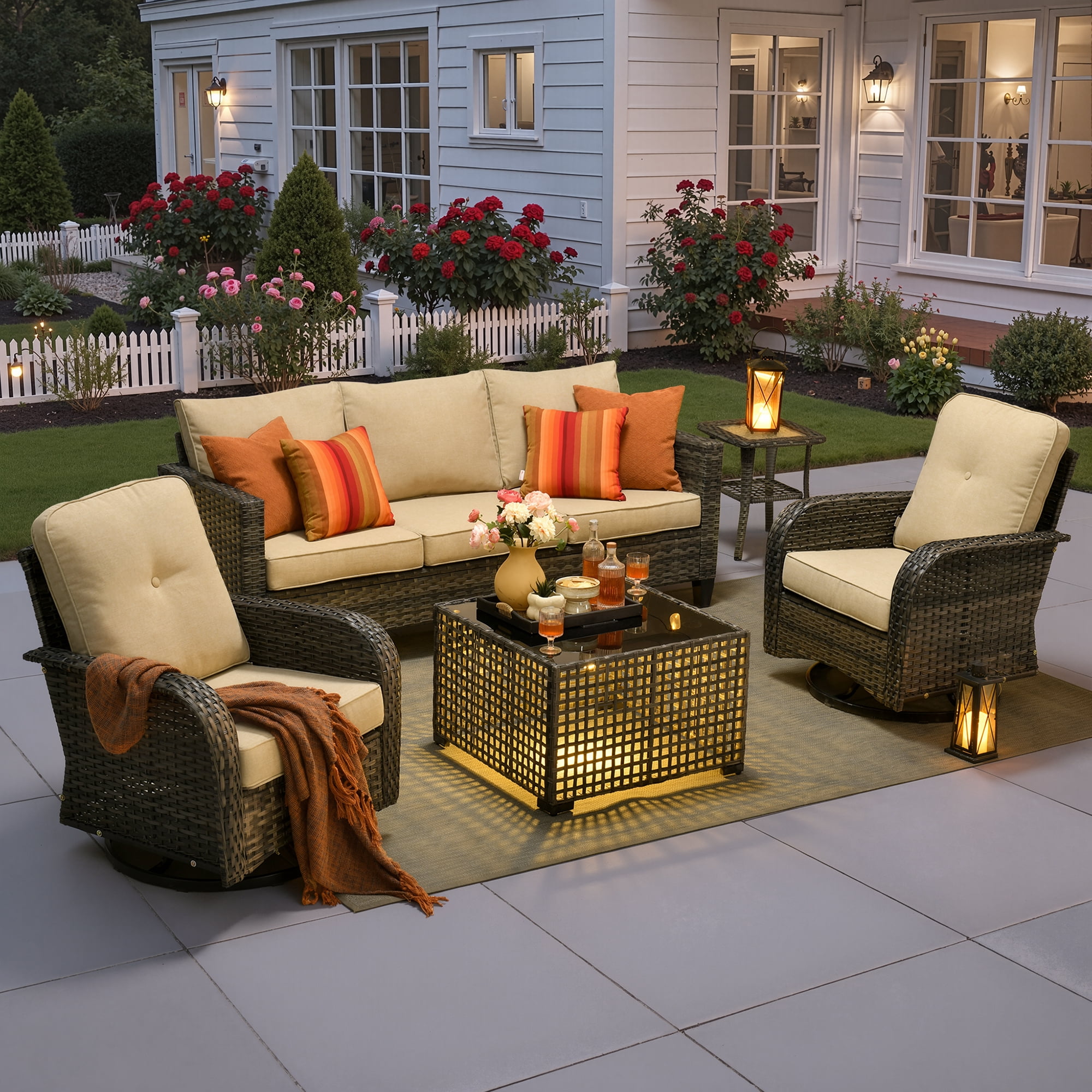 Ovios 5 Pieces Patio Furniture Set Outdoor Conversation All-Weather Rattan Sectional Sofa with Swivel Chairs & Solar Light Table