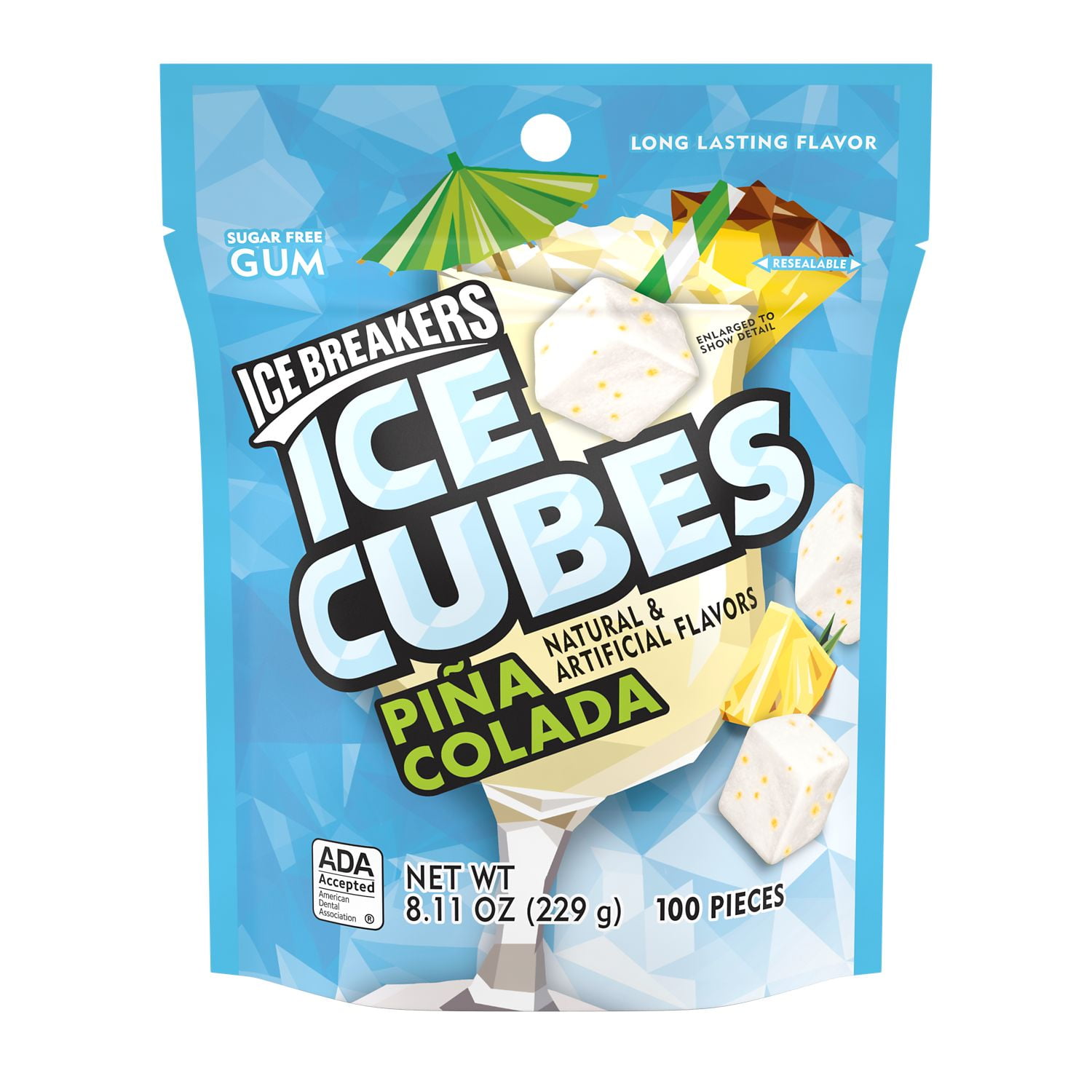 ICE BREAKERS, ICE CUBES Pina Colada Sugar Free Chewing Gum, Candy, 8.11 oz, Resealable Pouch (100 Pieces)