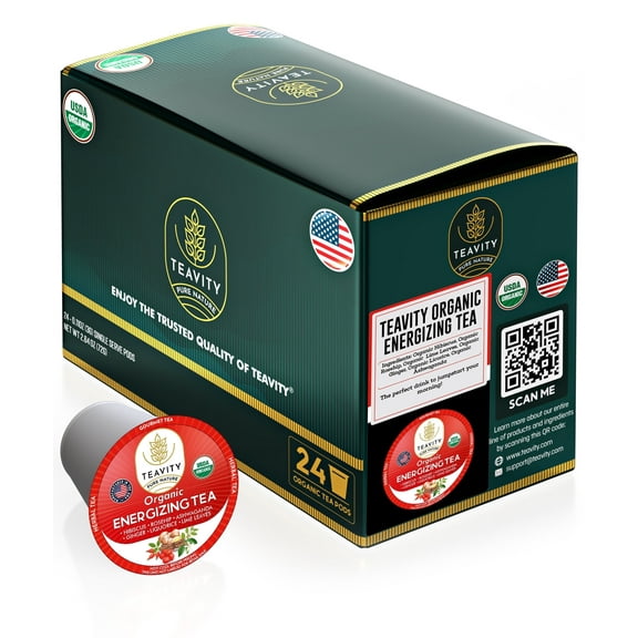 Organic Energizing Tea Pods Compatible with Keurig Brewers by Teavity - 24 Tea Pods