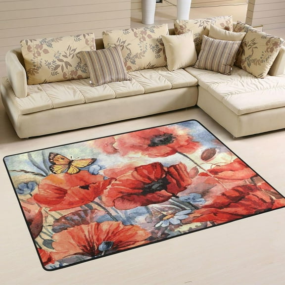 SKYSONIC 72x48in Watercolor Red Poppies Area Rug, Summer Floral Butterfly Non-Slip Floor Carpet for Indoor Living Dining Room and Bedroom Area