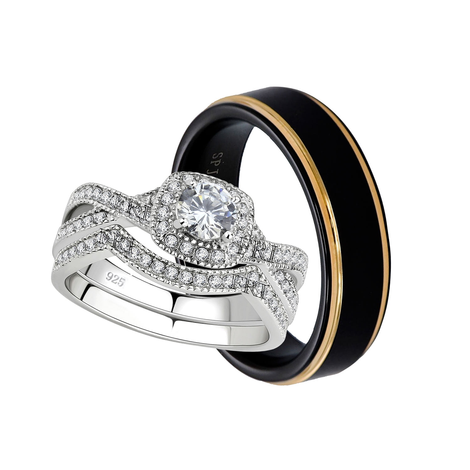 Fashion Silver 3-in-1/Set Zirconia Wedding Engagement Band Ring SZ7-9 Gift 