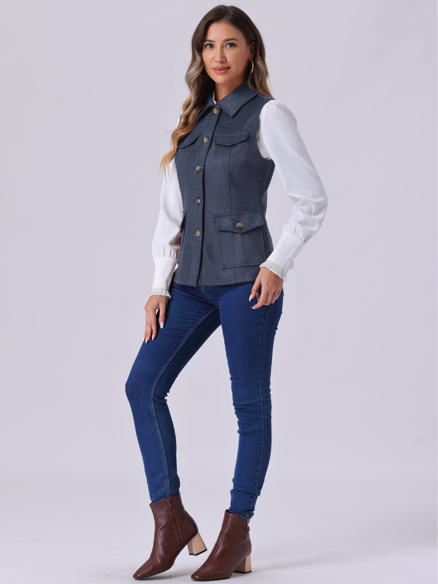 DARING DIVA Women's Rustic Button Up Utility Anorak Cargo Vest S Dark Blue