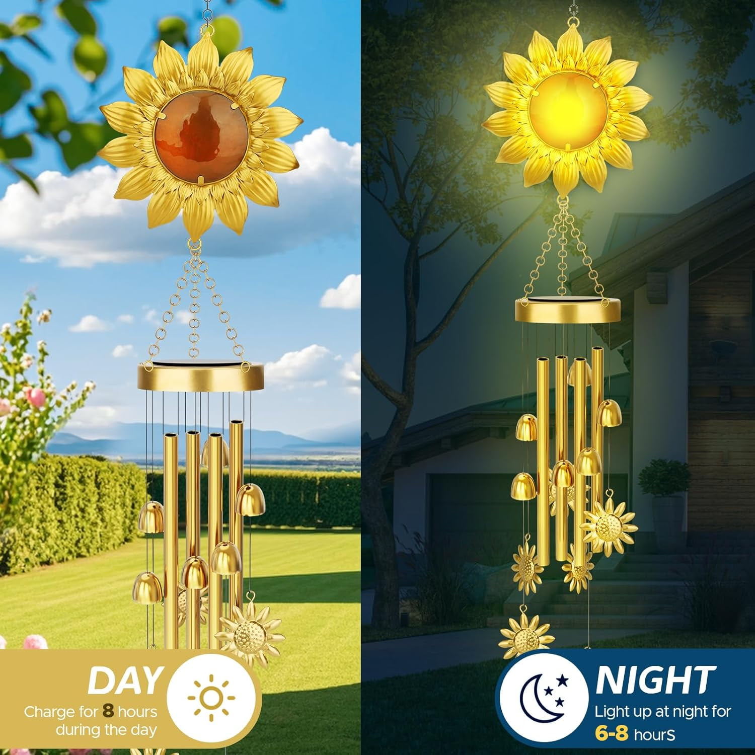 JYPS Solar Wind Chimes with Sunflower LED Lights, 42-Inch Large Waterproof Outdoor Garden Decor for Patio Yard, Unique Gifts for Women Mom Grandma, Mother's Day Birthday Easy-Install Design