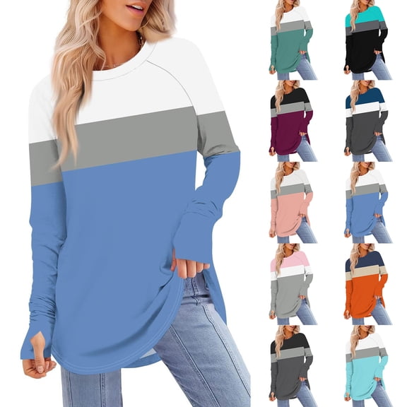 Hinvhai Long Sleeve Shirts for Women Plus Size Spring Fall Round Neck Thumb Hole Tunics Tops Oversized Blouse Dressy Casual White XL(XL)