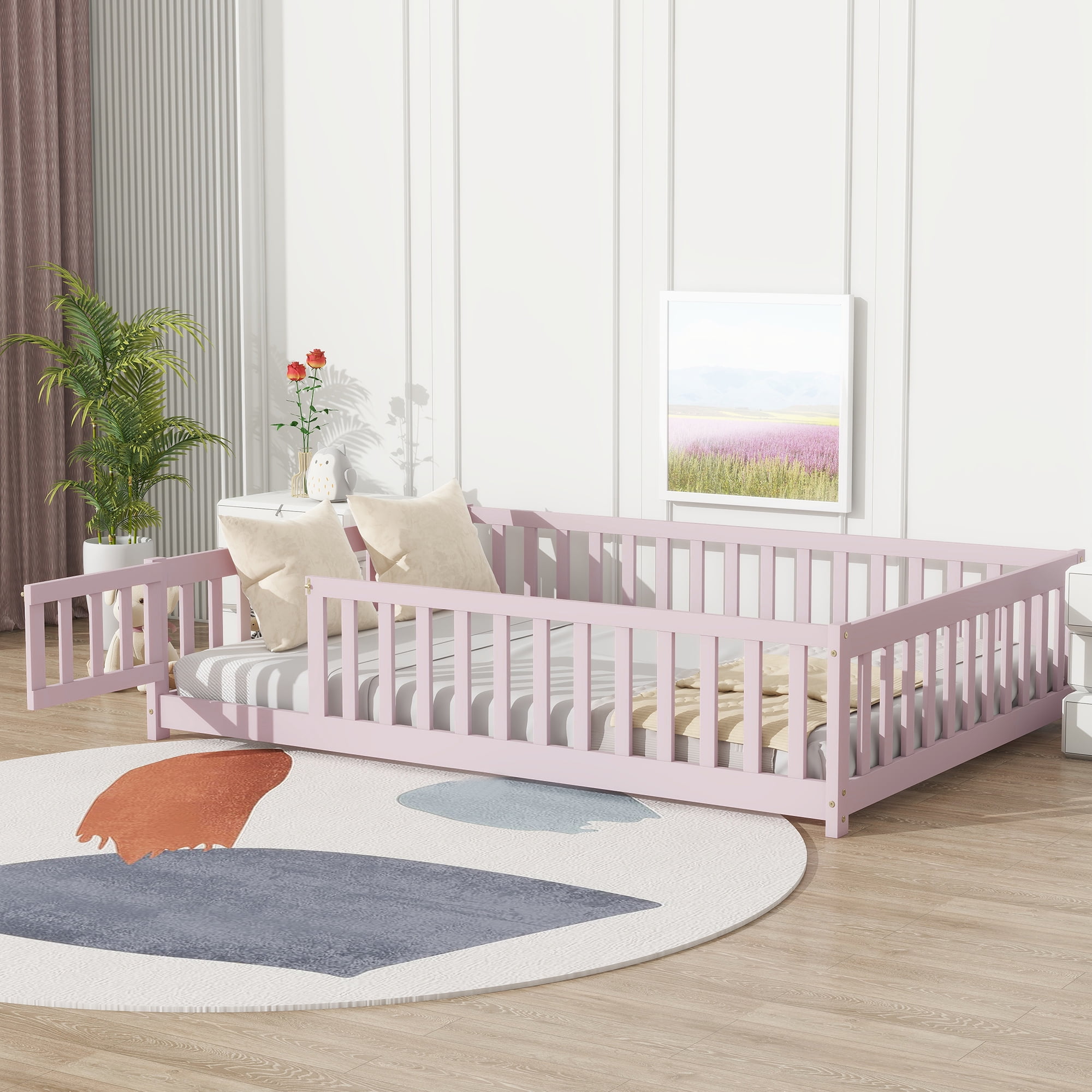 Full Size Rubber Wood Floor Bed with Fence and Door, Pink Safety Guardrails Kids Platform Bed, 7 Slats Support No Box Spring Needed for Compact Bedroom