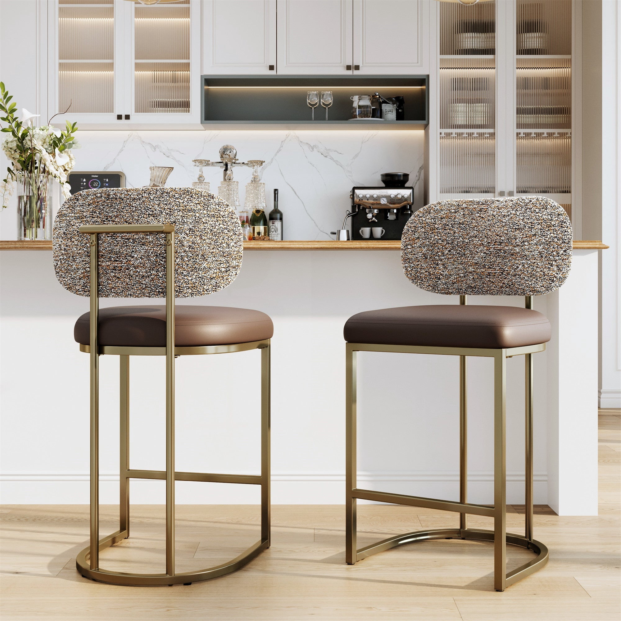 MF Studio Counter Height Bar Stool with Back Set of 2, 24.8" Modern PU Upholstered Bar Chair with Large Chenille Back and Metal Frame, Taupe