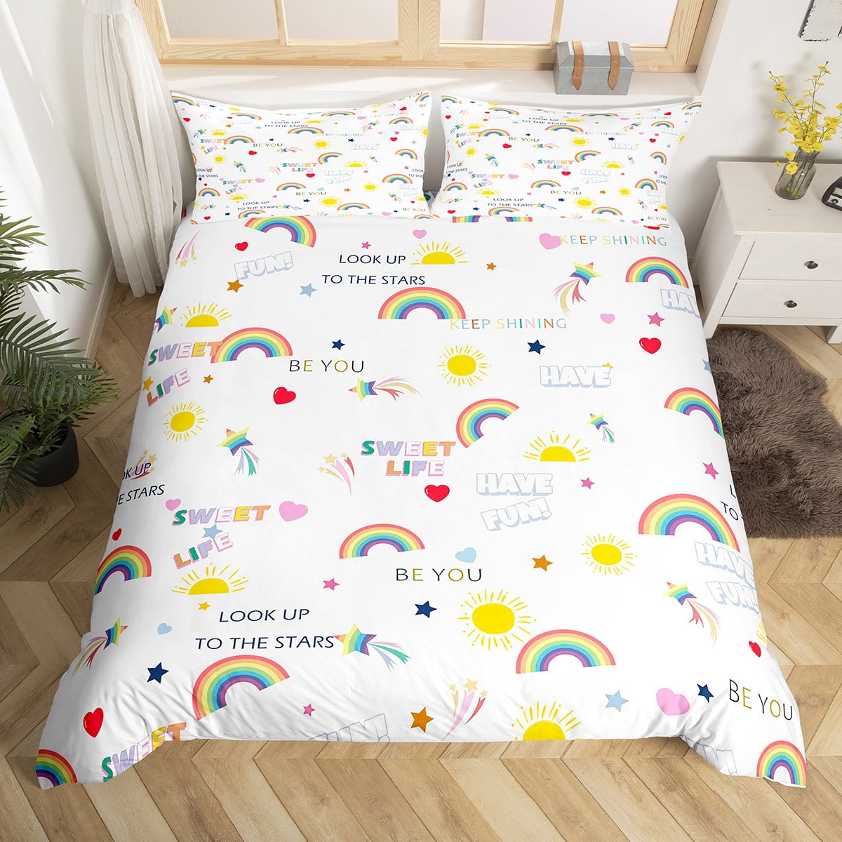 YST Kids Rainbow Bedding Set Girls Gradient Rainbow Print Duvet Cover Romantic Theme Comforter