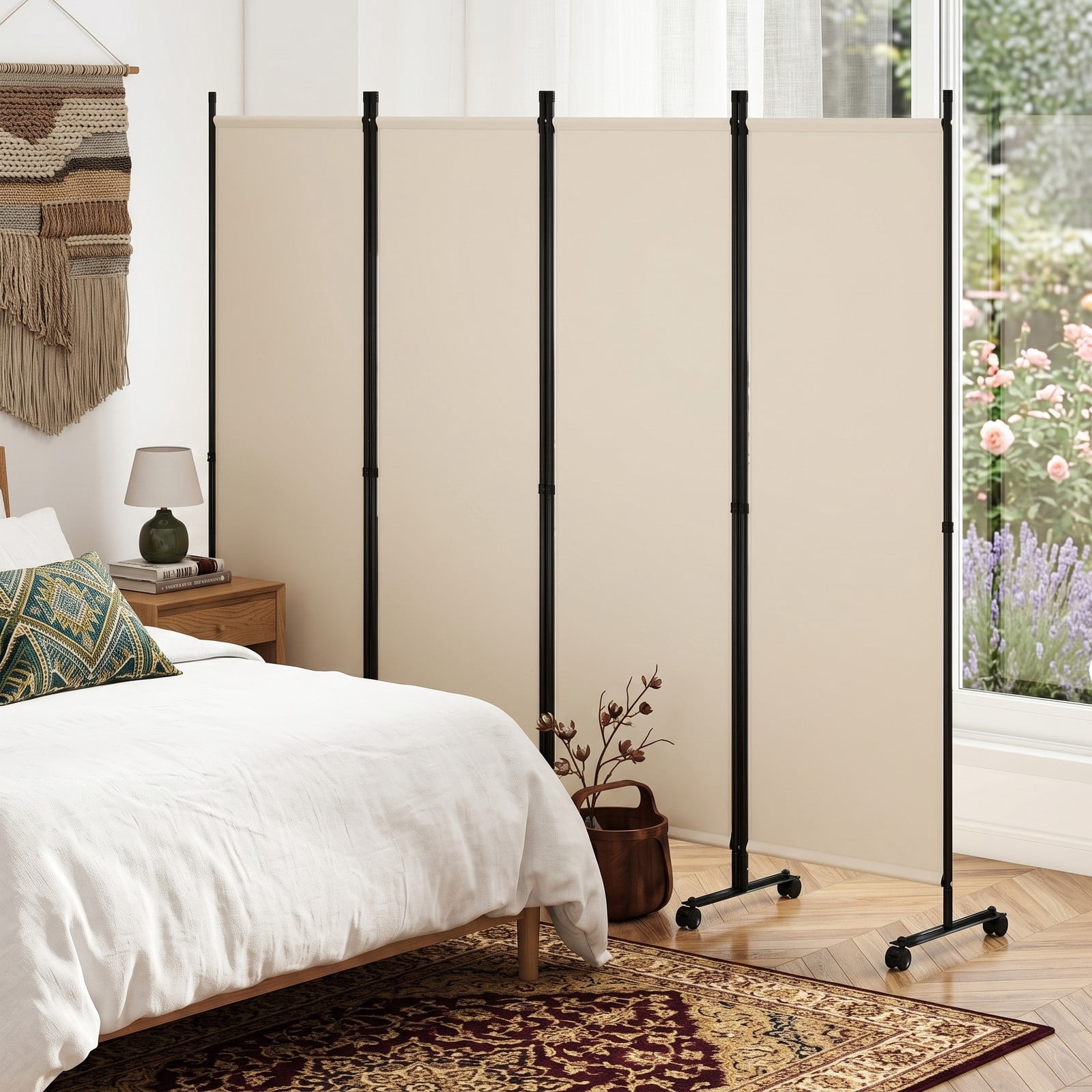 ALPULON 4-Panel Room Divider Freestanding Privacy Screen with 10 Lockable Wheels, Foldable Polyester Fabric Partition with Heavy-Duty Metal Frame for Living, Beige