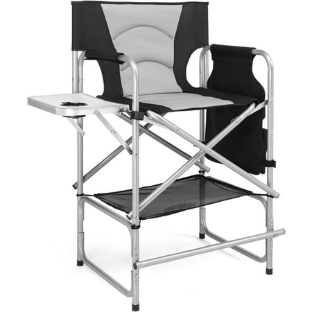 Tall Camping Chair Makeup Artist Director Chair 26" Counter Height, Portable Folding Design with Side Table, Cup Holder & Side Storage Bag, Heavy-Duty Iron Frame (300 lbs Capacity)