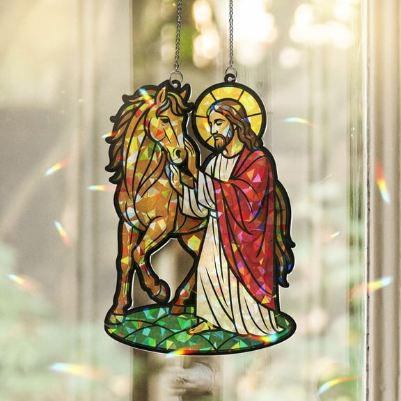 Lotusprinthandmade Jesus and Horse Christian Custom Shape Broken Glass Hologram Ornament 3.5in, holographic jesus horse window hanging