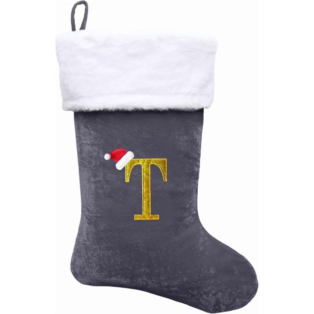 Dbfengbilian 21 Inches Christmas Stockings with Customizable Letters, Large Christmas Stockings with Super Soft Plush Cuff Embroidered Letter - Grey T