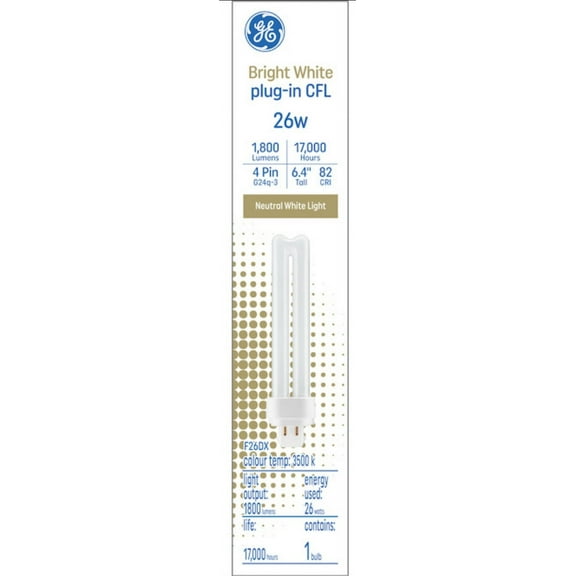 GE 93118227 Bright White 26 watt Plug-in CFL, G24q-3 base, 6.4 inch, F26DX 3500K, 1800 lumen, compact fluorescent light bulb